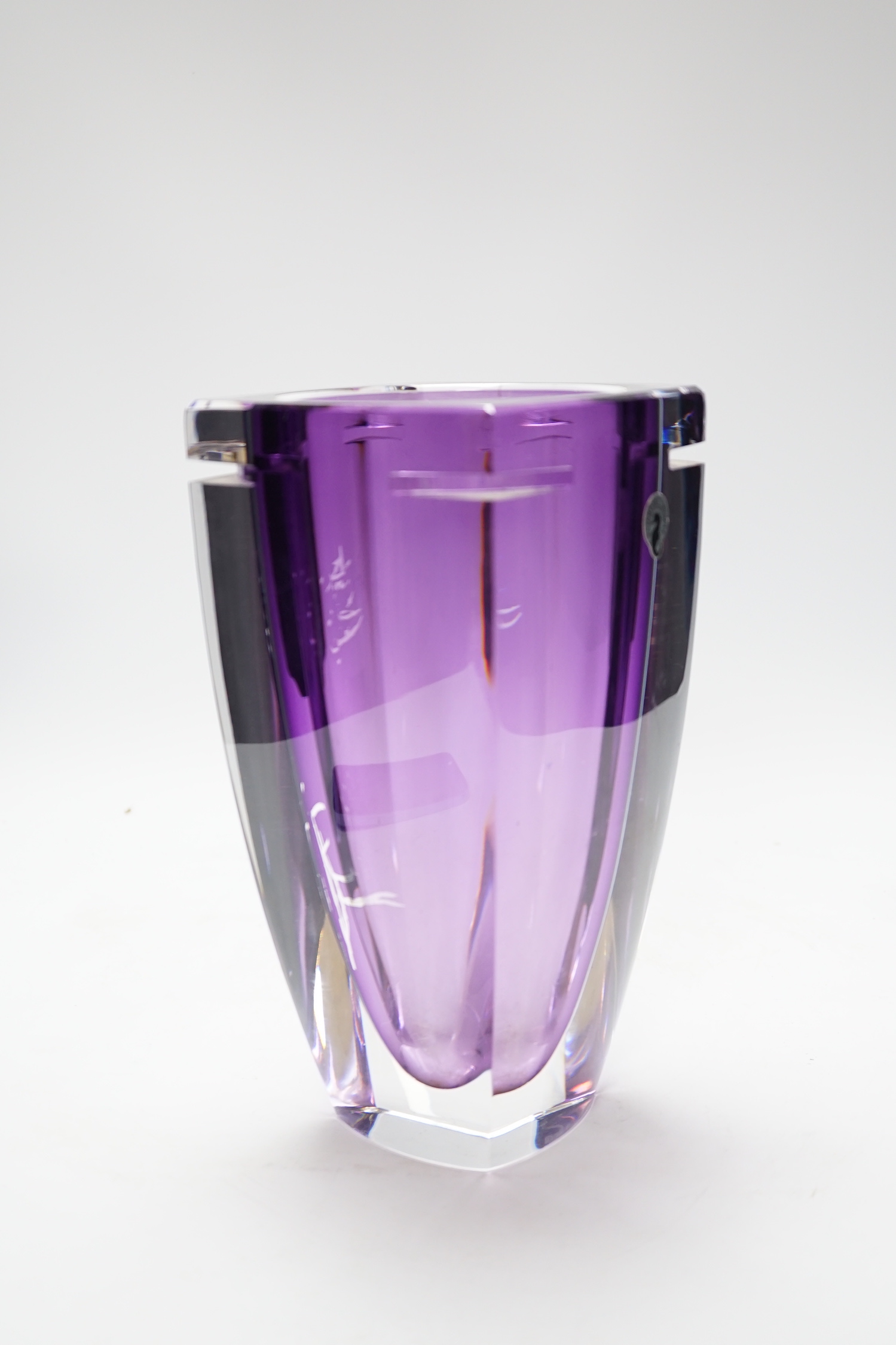 A Waterford amethyst stained square section glass vase, 24.5cm